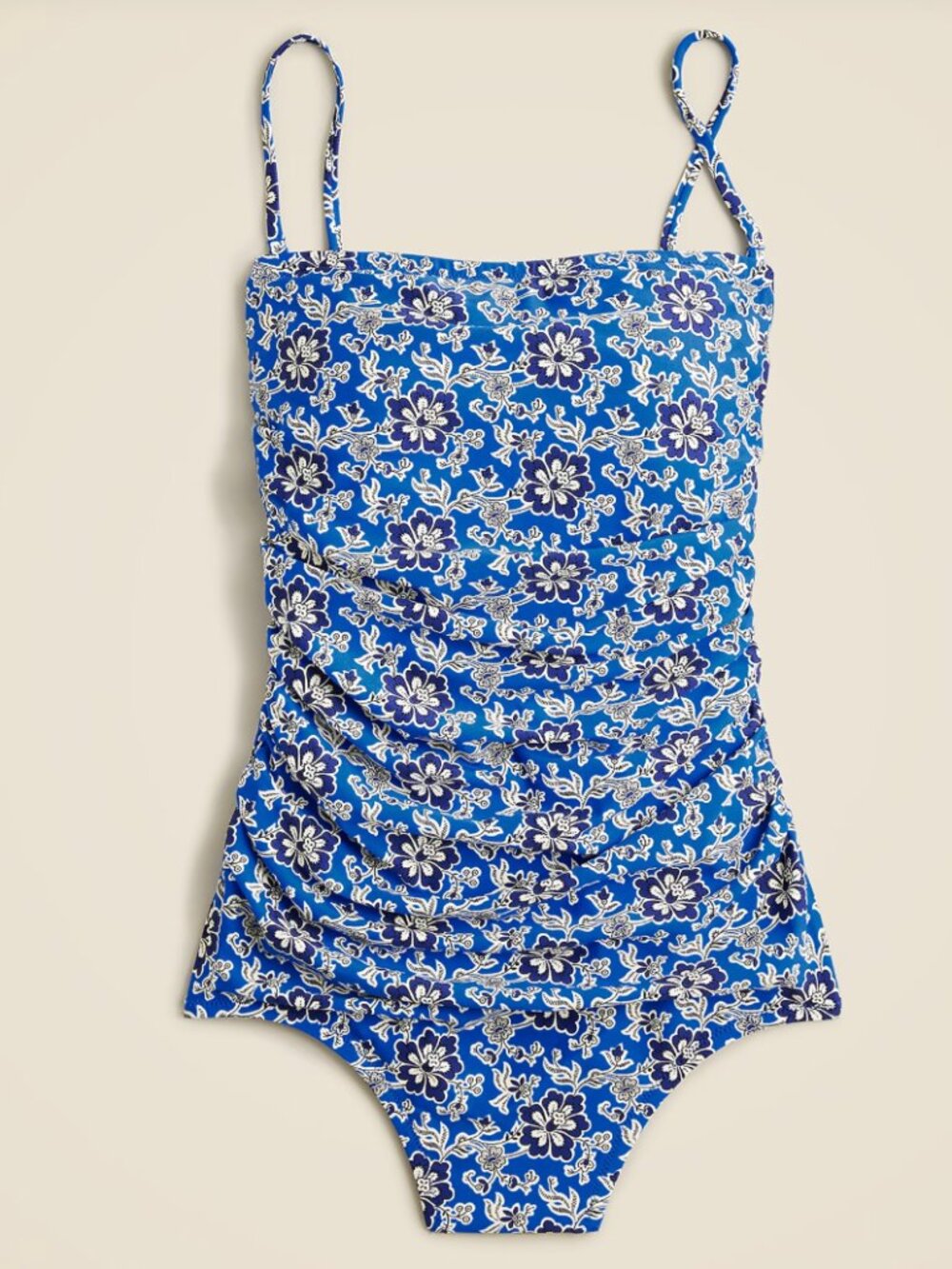 J Crew: Ruched bandeau one-piece swimsuit in cobalt floral
